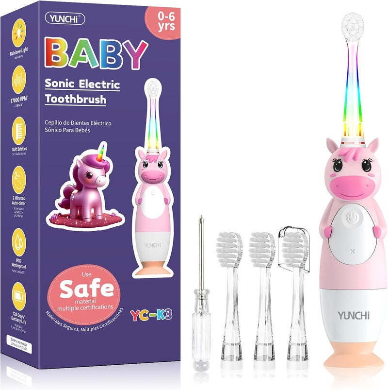 YUNCHI Toddler Electric Toothbrush Kids 0-3-6 Years, Baby Electric Toothbrush with Colorful LED Light, Battery Powered Toddler Toothbrush with 2 Minutes Timer 4 Brush Heads, Infant Toothbrush (Pink) - Image 1